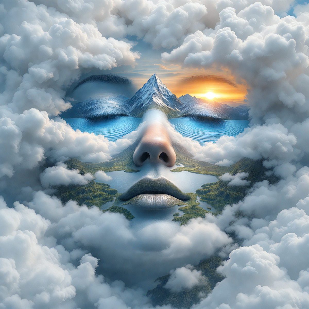 The primary subject of the image is a woman's face, which is depicted in a surreal and dreamlike manner. The setting is a cloudy sky, with the woman's face surrounded by clouds. The visual style is a combination of digital art and illustration, creating a whimsical and imaginative scene. The colors in the image are predominantly white and blue, giving the scene a serene and calming atmosphere.